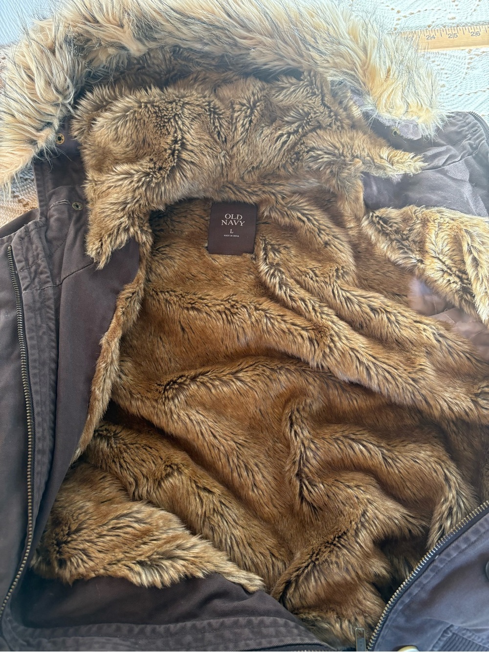 Y2K Brown Faux-Fur Lined Hooded Jacket Old Navy Large fits smaller - Picture 13 of 16
